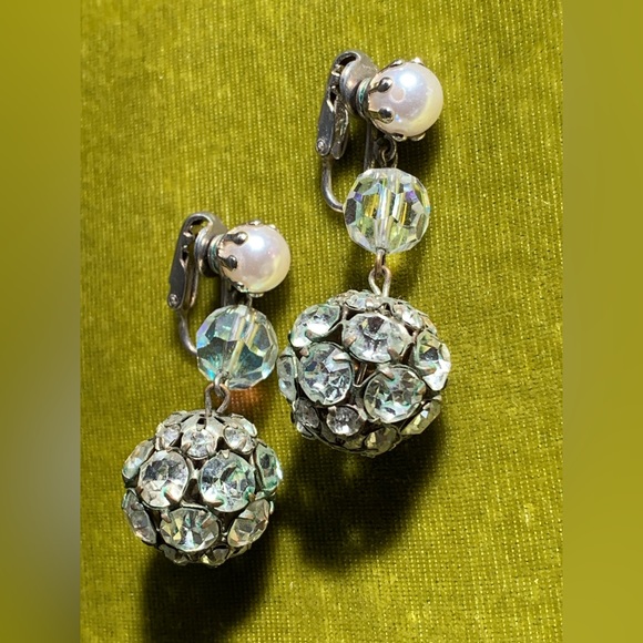 Vintage 1930s Drop and Dangle Rhinestone Ball Earrings - Picture 2 of 3